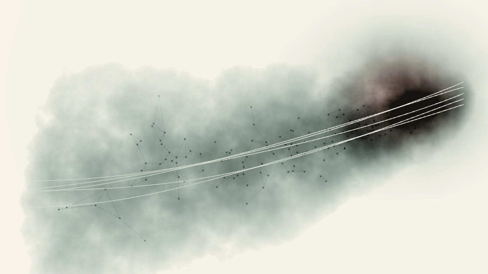 A sweep of charcoal particulate carrying a molecular network into a dense nucleus.